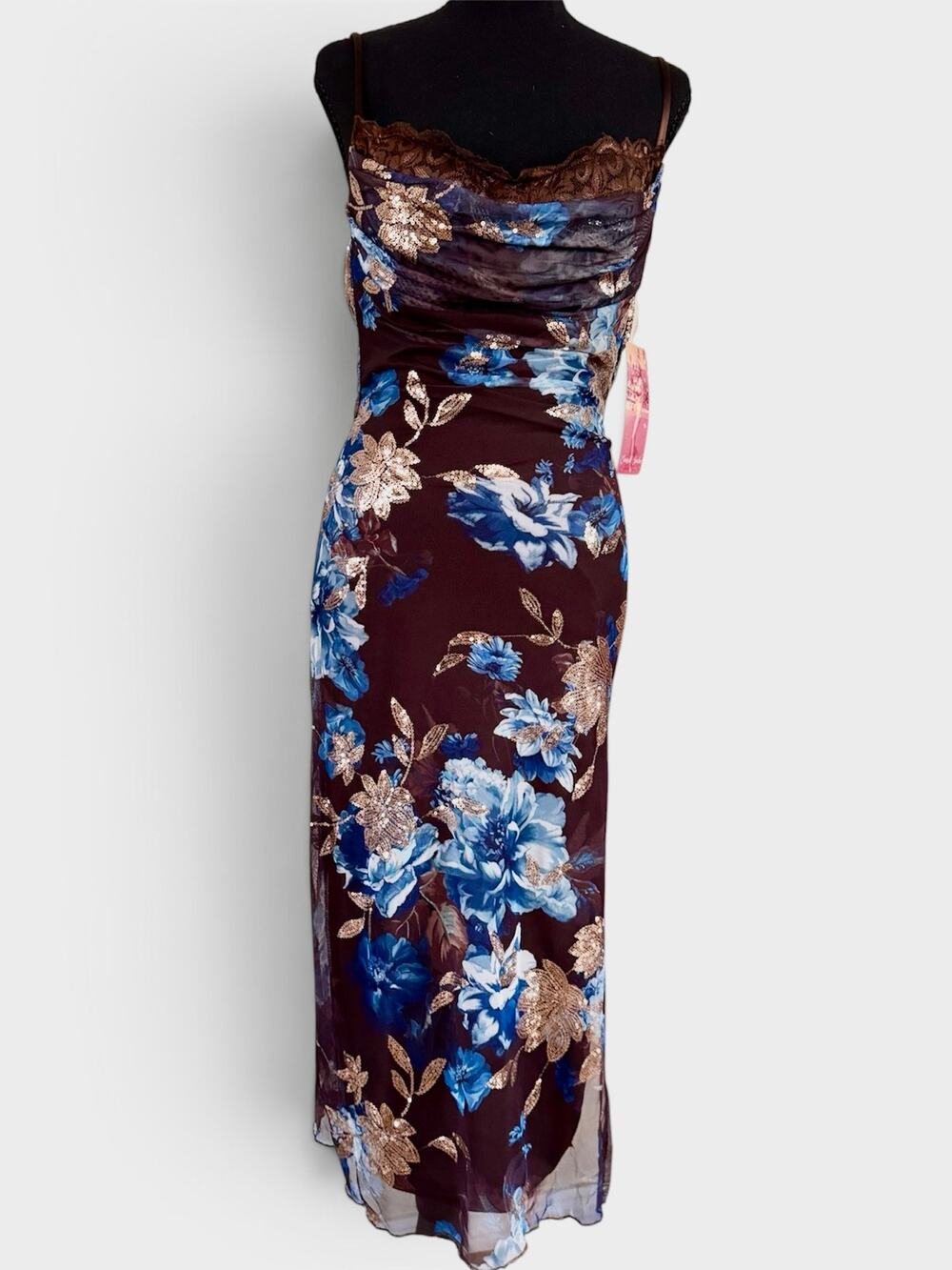 NWT Emerald Sundae Y2K Mesh Floral Sequin Cowl Neck Maxi Dress Brown Blue M